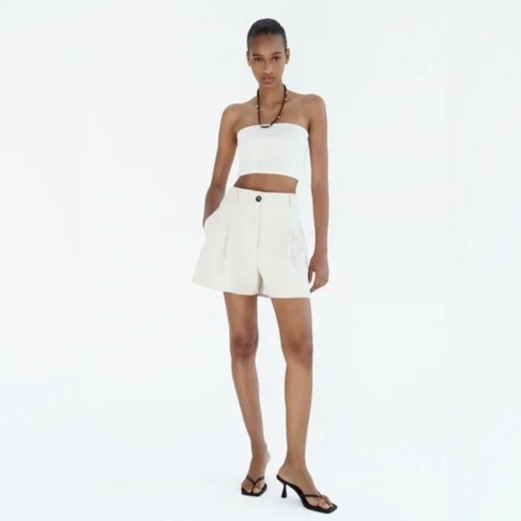 ZARA White High Waist Pleated Trouser Shorts Pockets Size L - Picture 3 of 7
